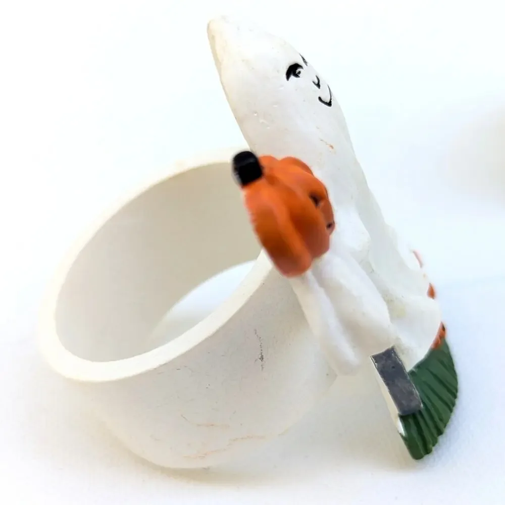 Set of 3 Vintage Halloween Ghost Jack-o’-Lantern Pumpkin Stoneware Napkin Rings